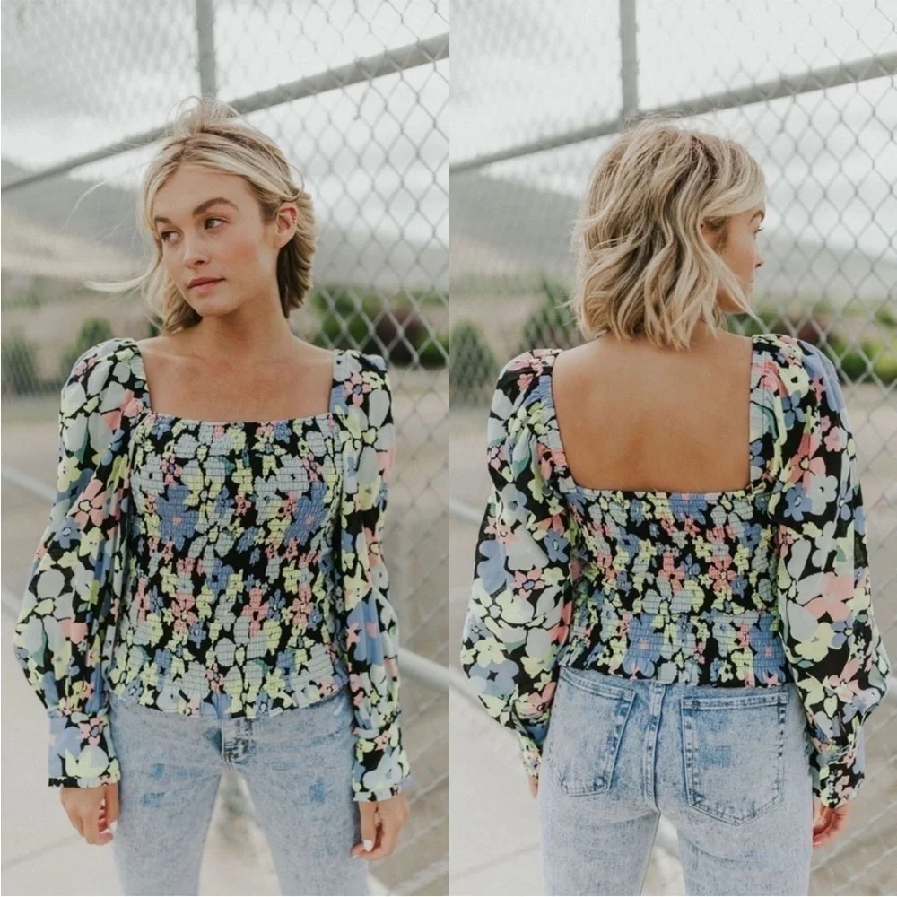 Free People Ariana Floral Retro Combo Balloon Sleeve Smocked Blouse Size Large